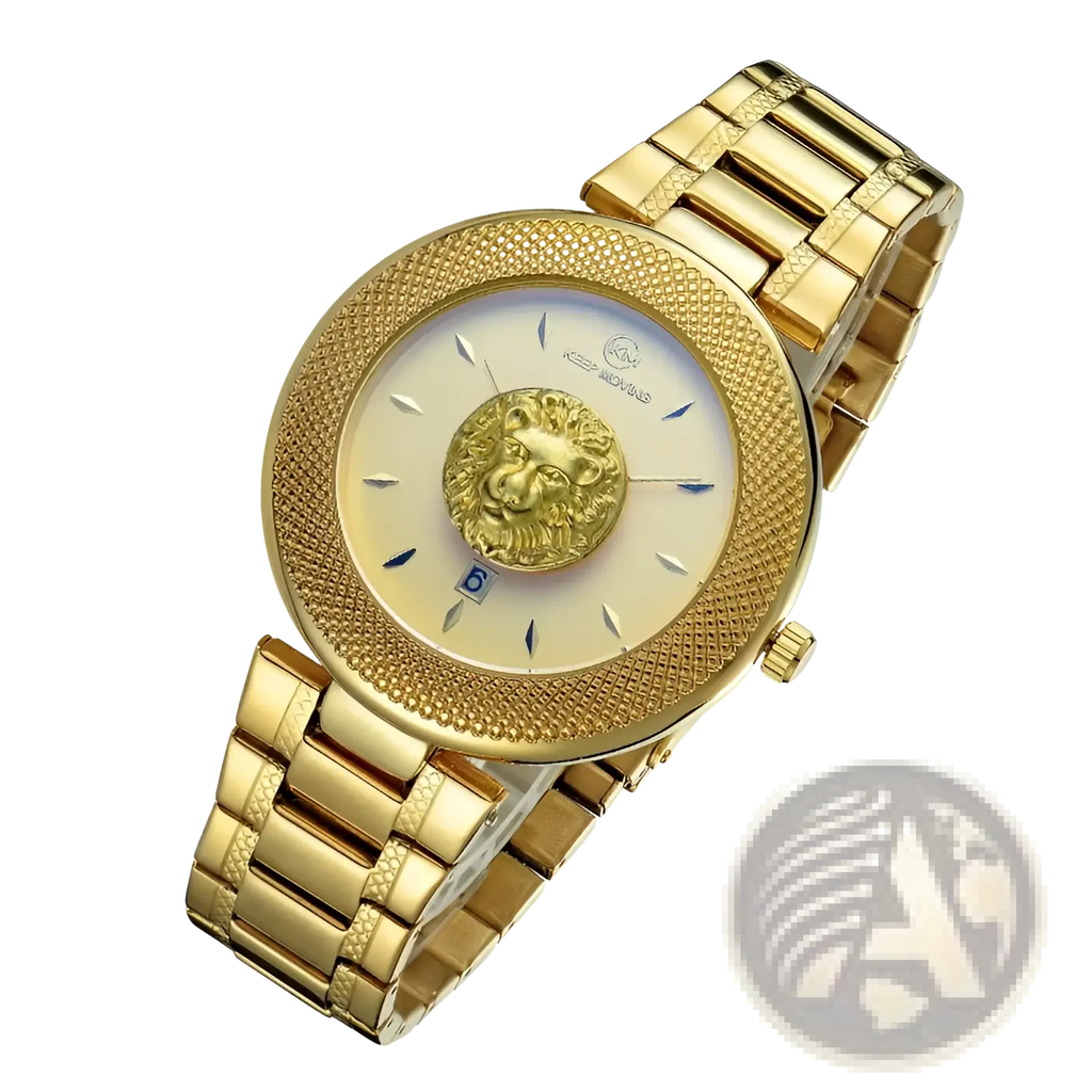 Gold-tone versace men’s lion dial quartz watch with cream dial, lion head emblem, textured bezel, stainless steel case