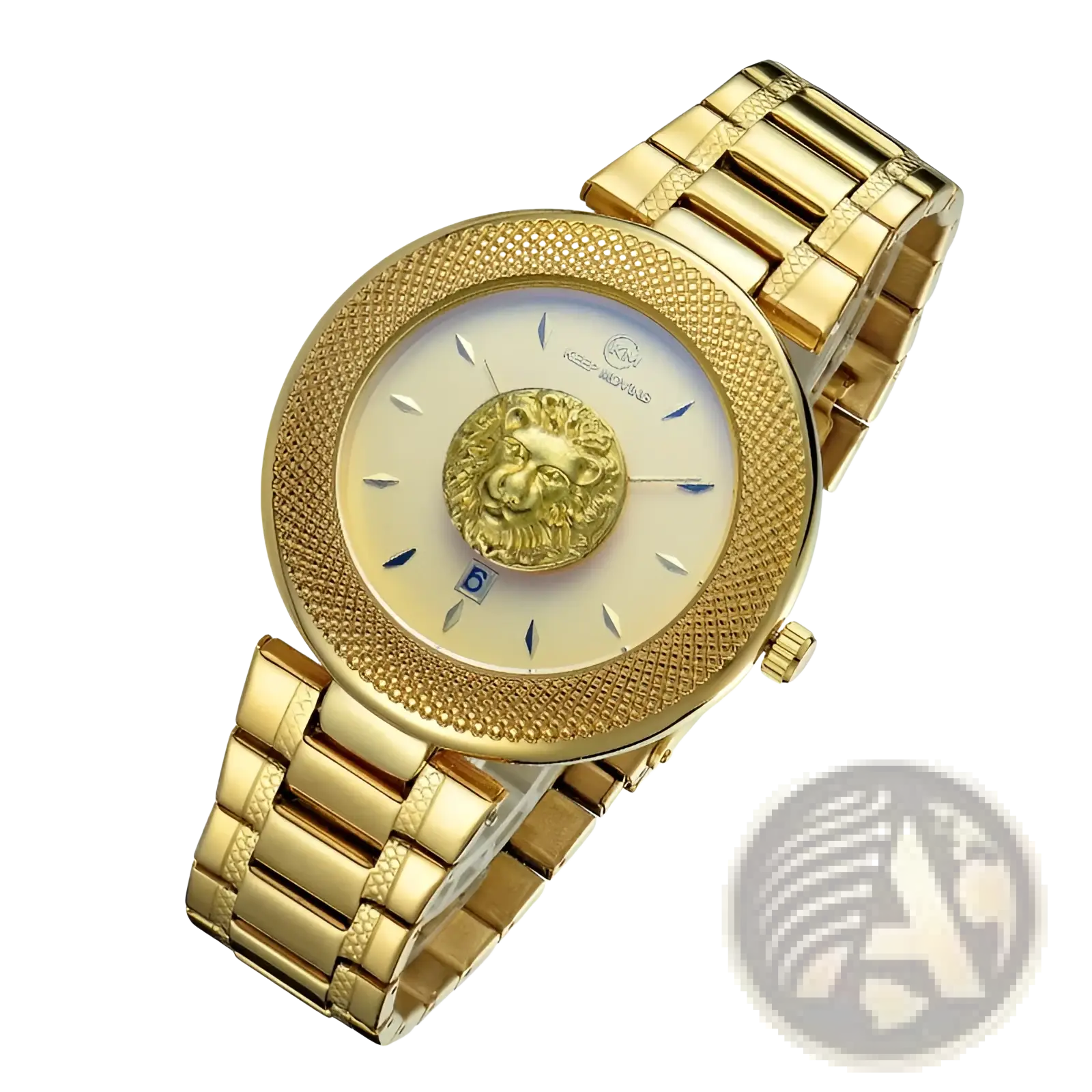 Gold-tone versace men’s lion dial quartz watch with cream dial, lion head emblem, textured bezel, stainless steel case