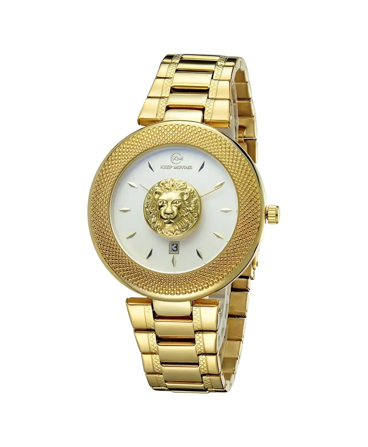 Men’s Versace gold-tone stainless steel lion dial quartz watch with white embossed lion head dial and textured bezel