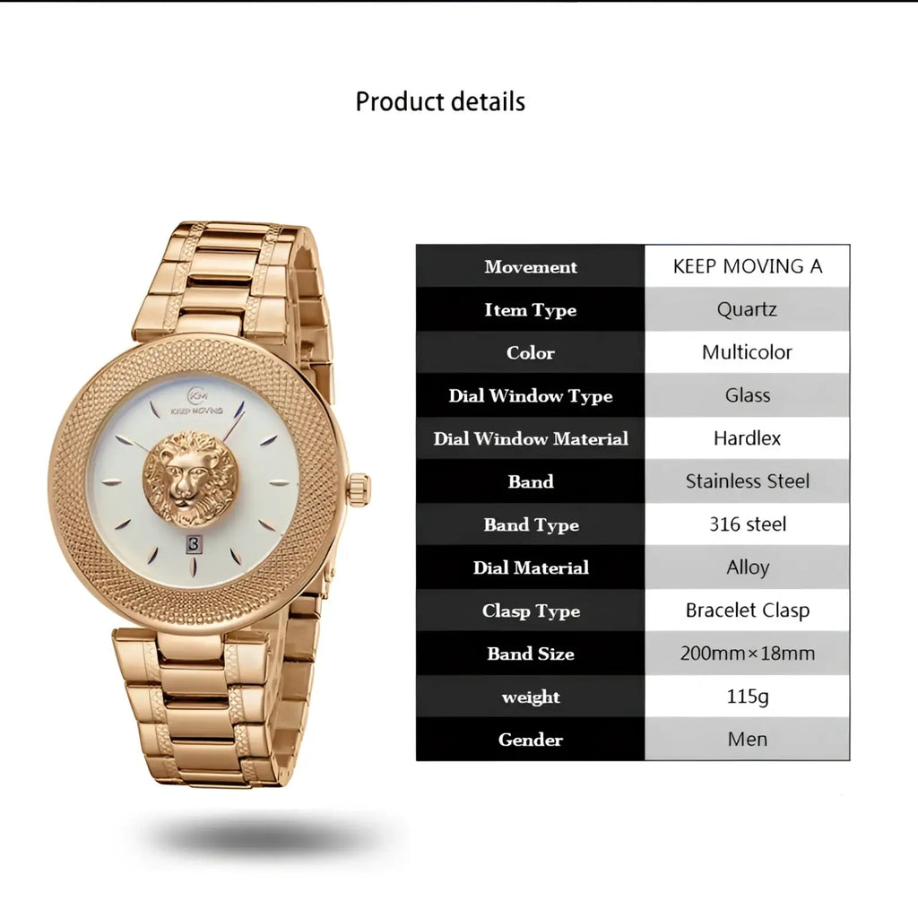 Men’s lion dial quartz stainless steel watch in gold tone with white dial featuring ornate lion head and textured bezel