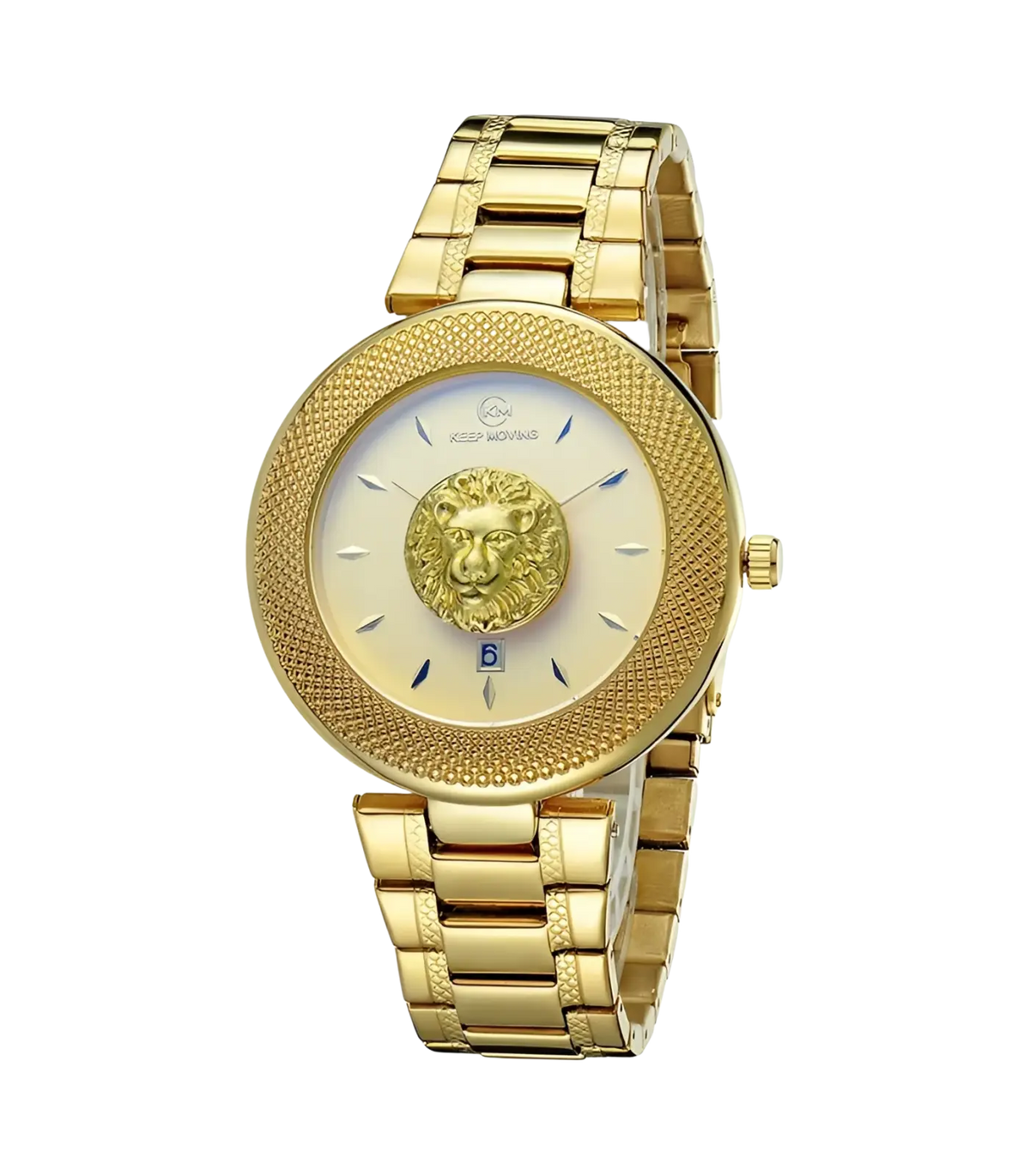 Men’s lion dial quartz wristwatch with gold-tone stainless steel case, textured bezel, cream dial, and blue-tipped markers