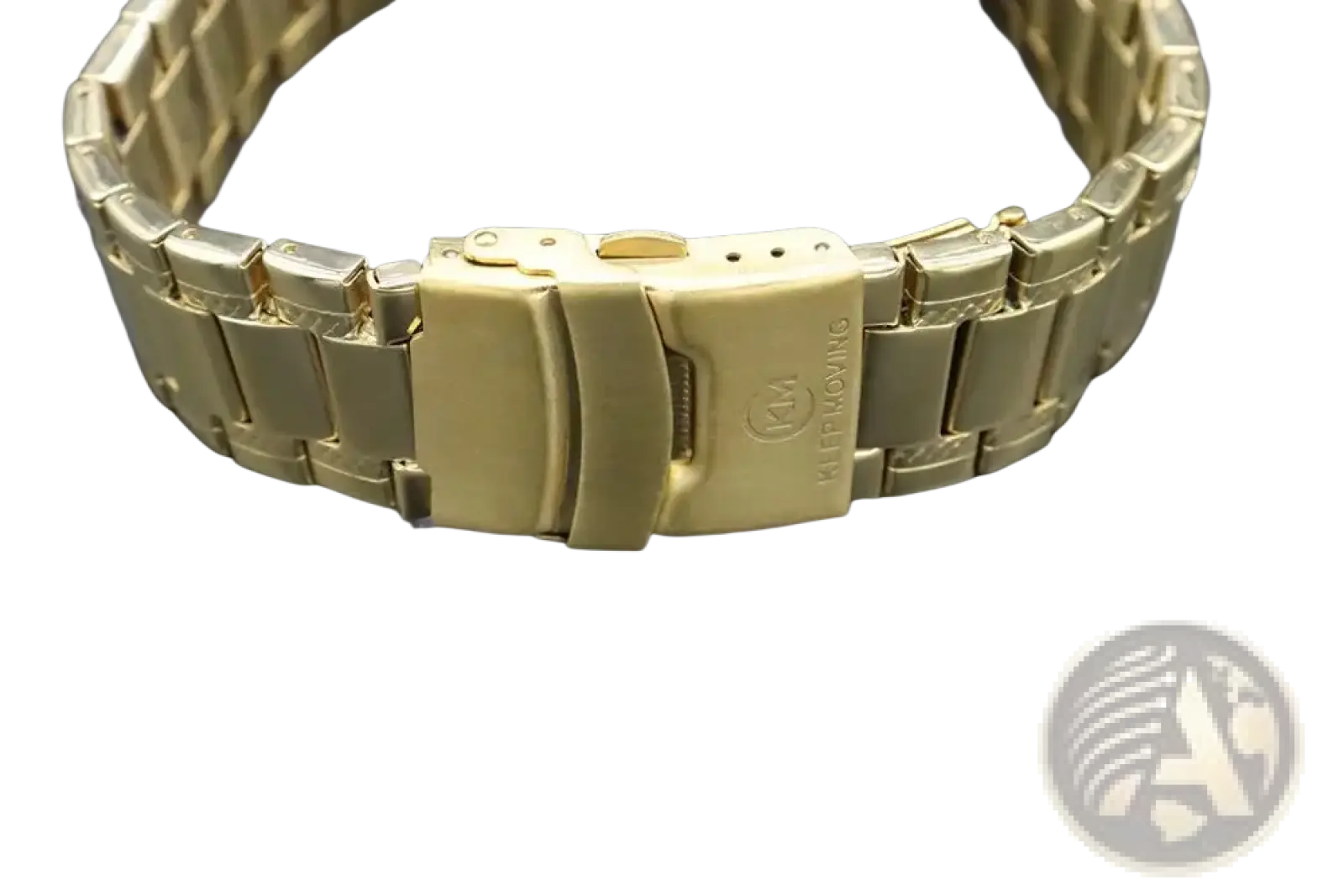 Men’s lion dial quartz watch with gold-toned stainless steel bracelet featuring interlocking links and kleemoving clasp engraving