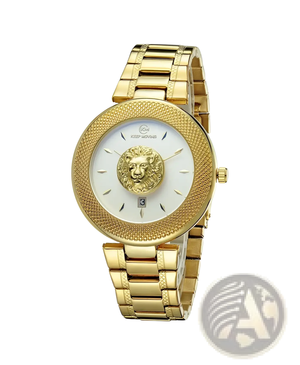 Men’s Versace gold-tone stainless steel lion dial quartz watch with white embossed lion head dial and textured bezel