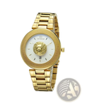 Men’s Versace gold-tone stainless steel lion dial quartz watch with white embossed lion head dial and textured bezel