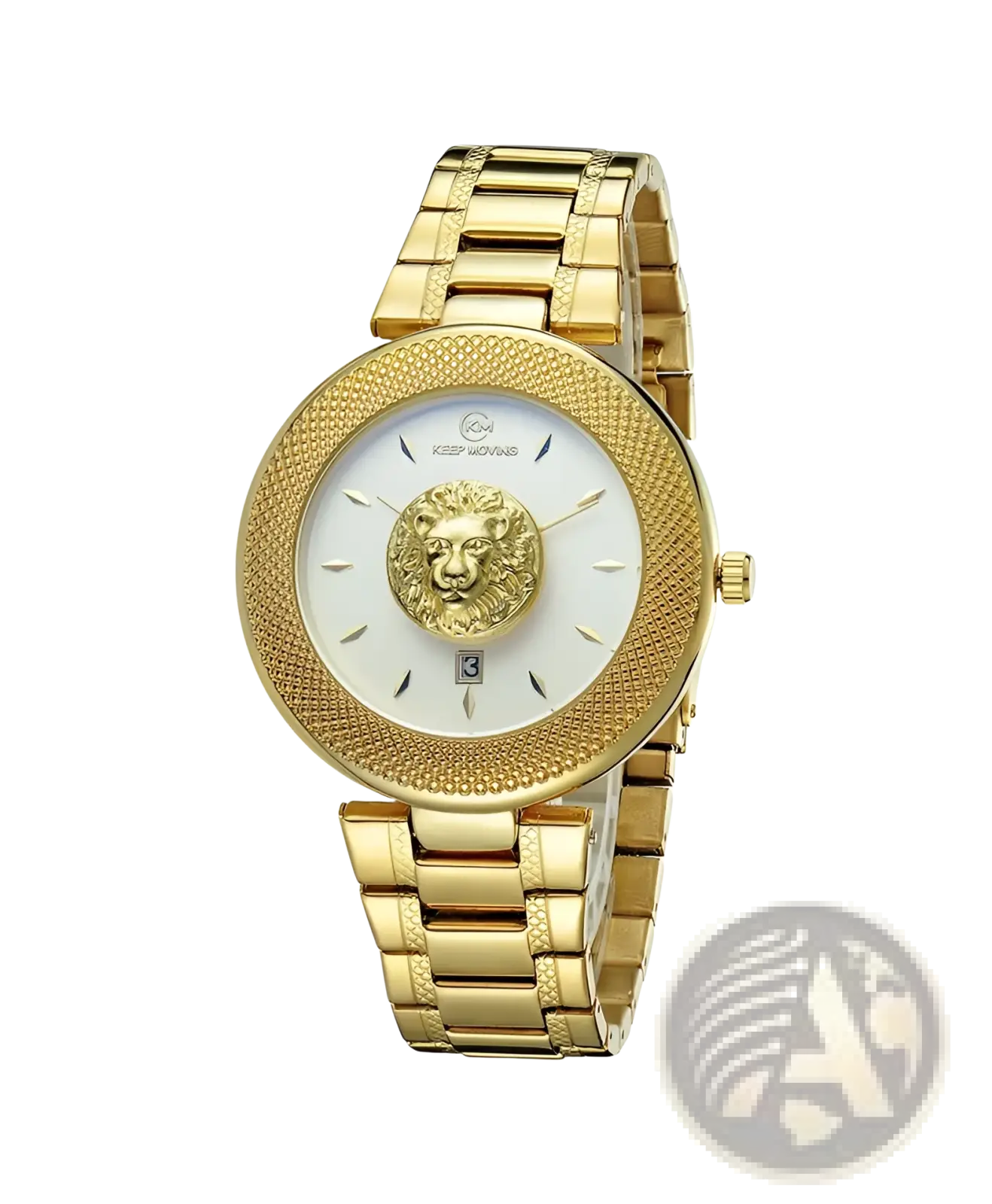 Men’s Versace gold-tone stainless steel lion dial quartz watch with white embossed lion head dial and textured bezel