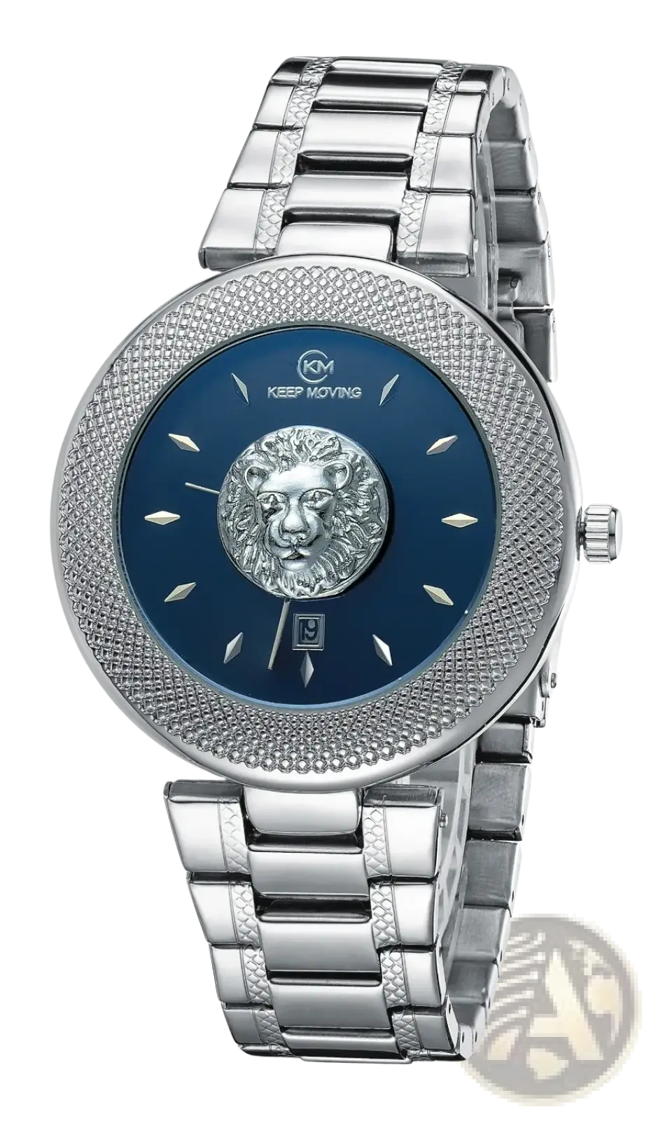 Men’s lion dial quartz stainless steel watch with silver-tone case blue dial embossed lion and textured bezel