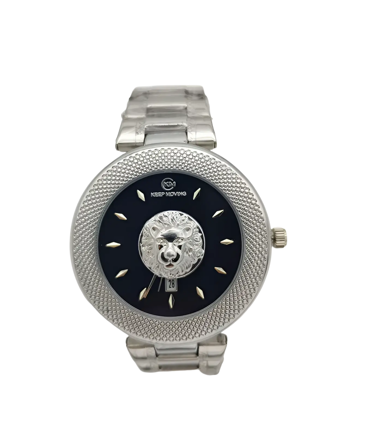 Men’s lion dial quartz stainless steel watch with silver-toned case, textured bezel, black dial, and gold hour markers