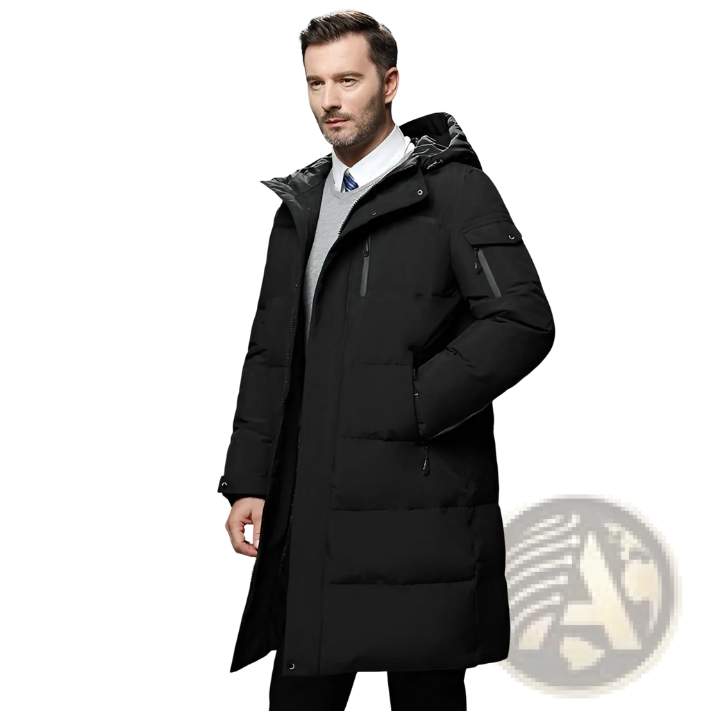 Men’s long black quilted down winter jacket with hood and multiple pockets for cold weather use