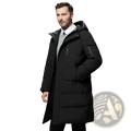 Men’s long black quilted down winter jacket with hood and multiple pockets for cold weather use