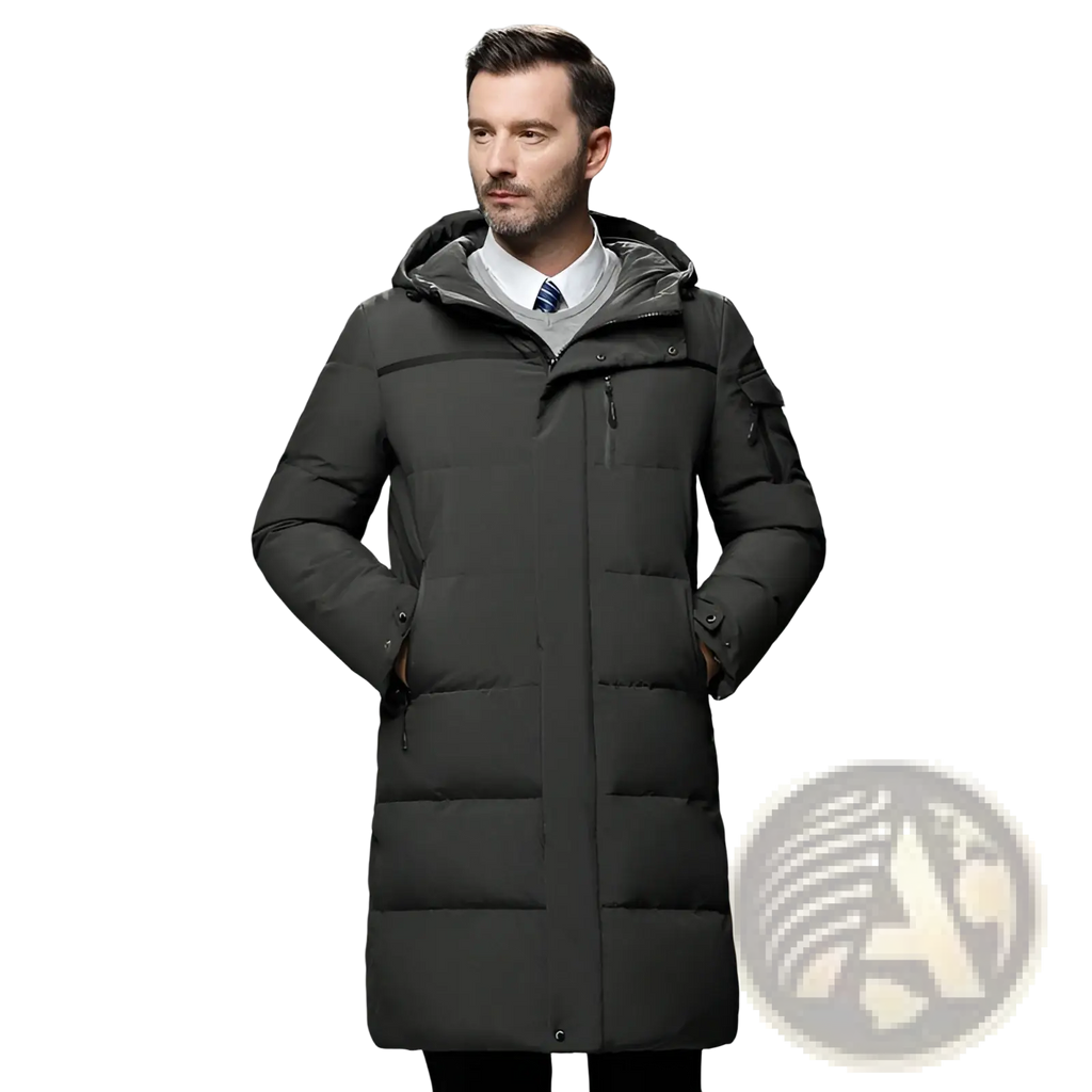 Men’s long black quilted down winter jacket with hood and front zipper designed for cold weather use