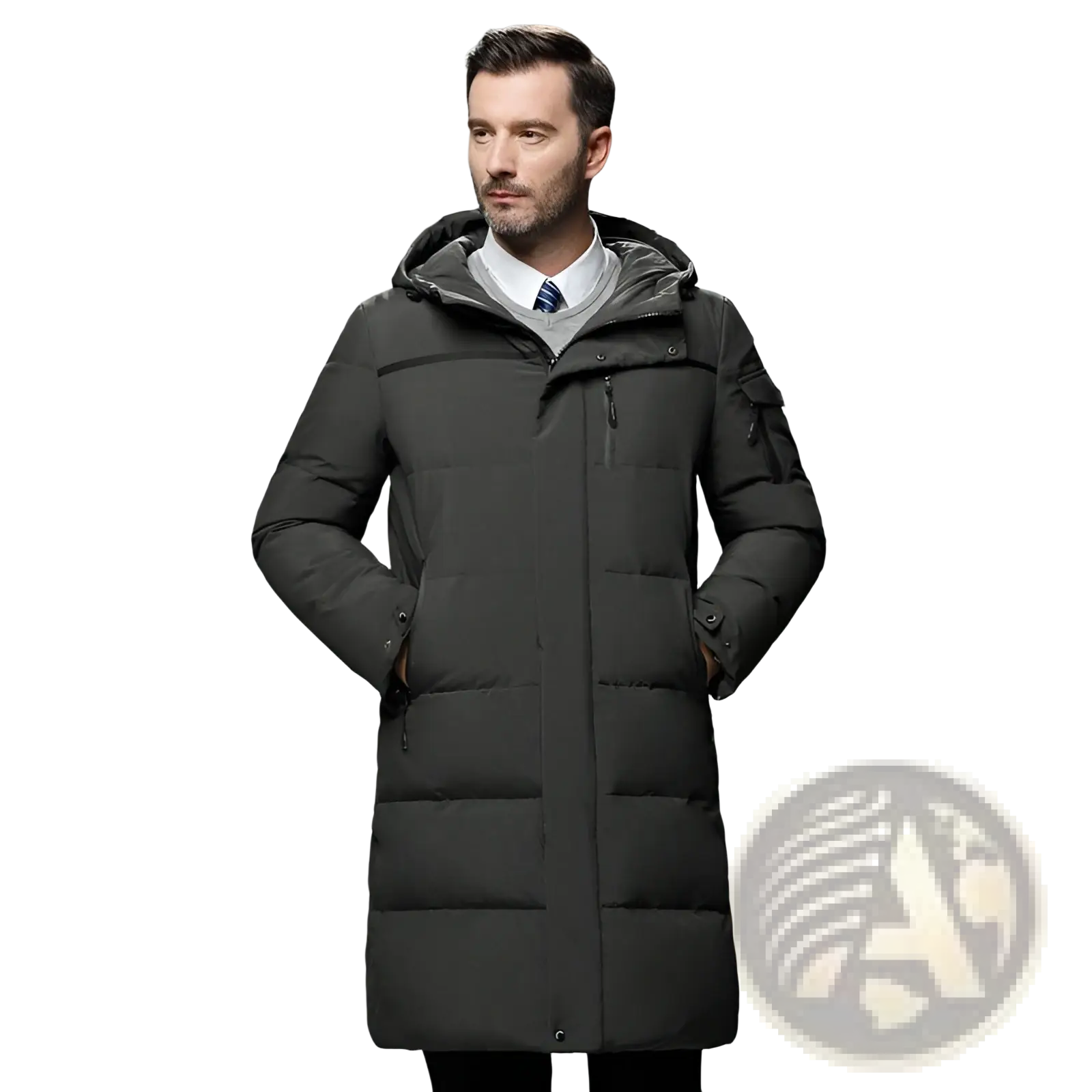 Men’s long black quilted down winter jacket with hood and front zipper designed for cold weather use