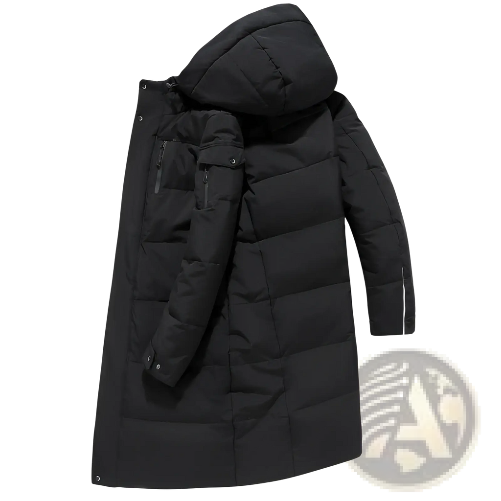 Men’s long black quilted down winter jacket with hood and multiple zippered pockets for cold weather use
