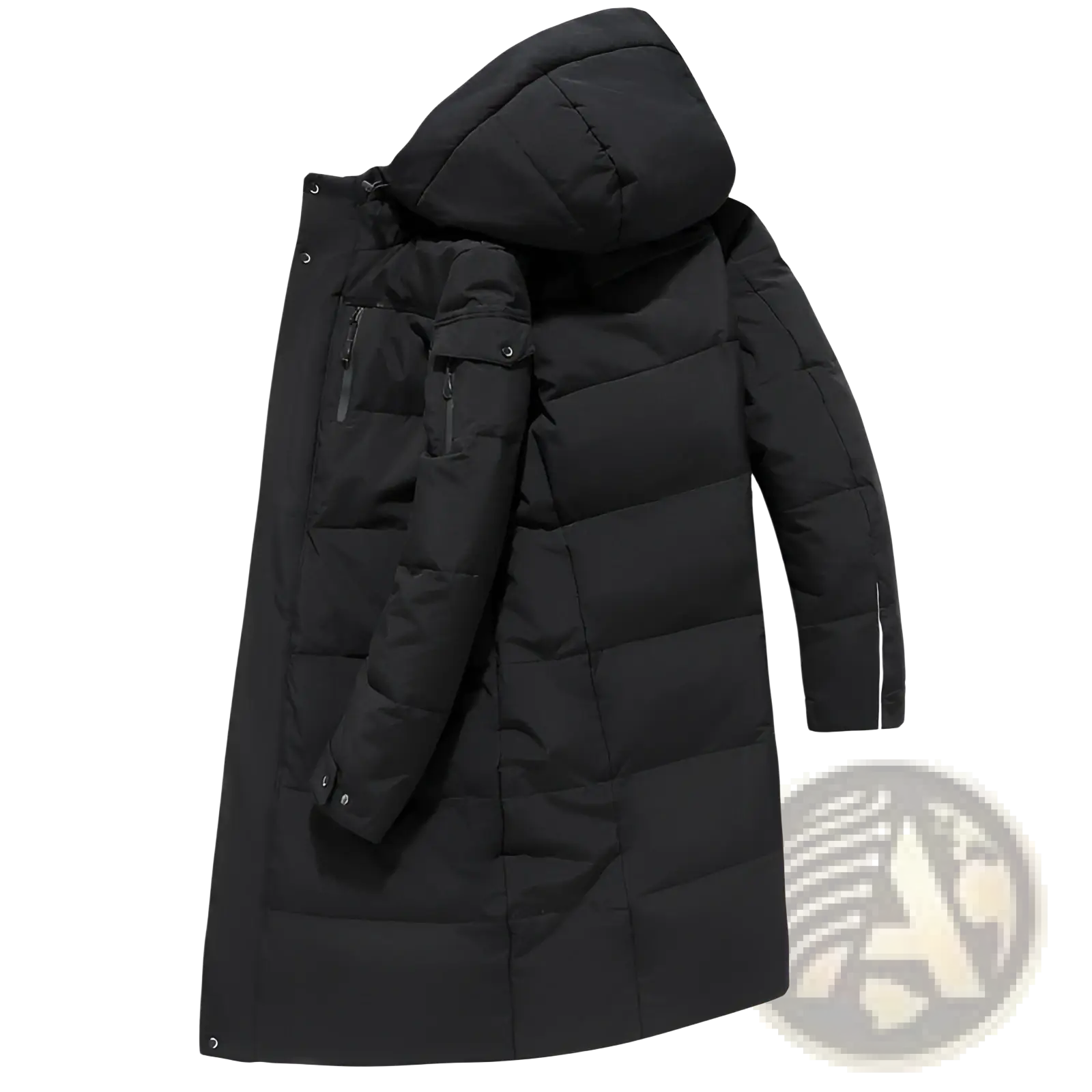 Men’s long black quilted down winter jacket with hood and multiple zippered pockets for cold weather use