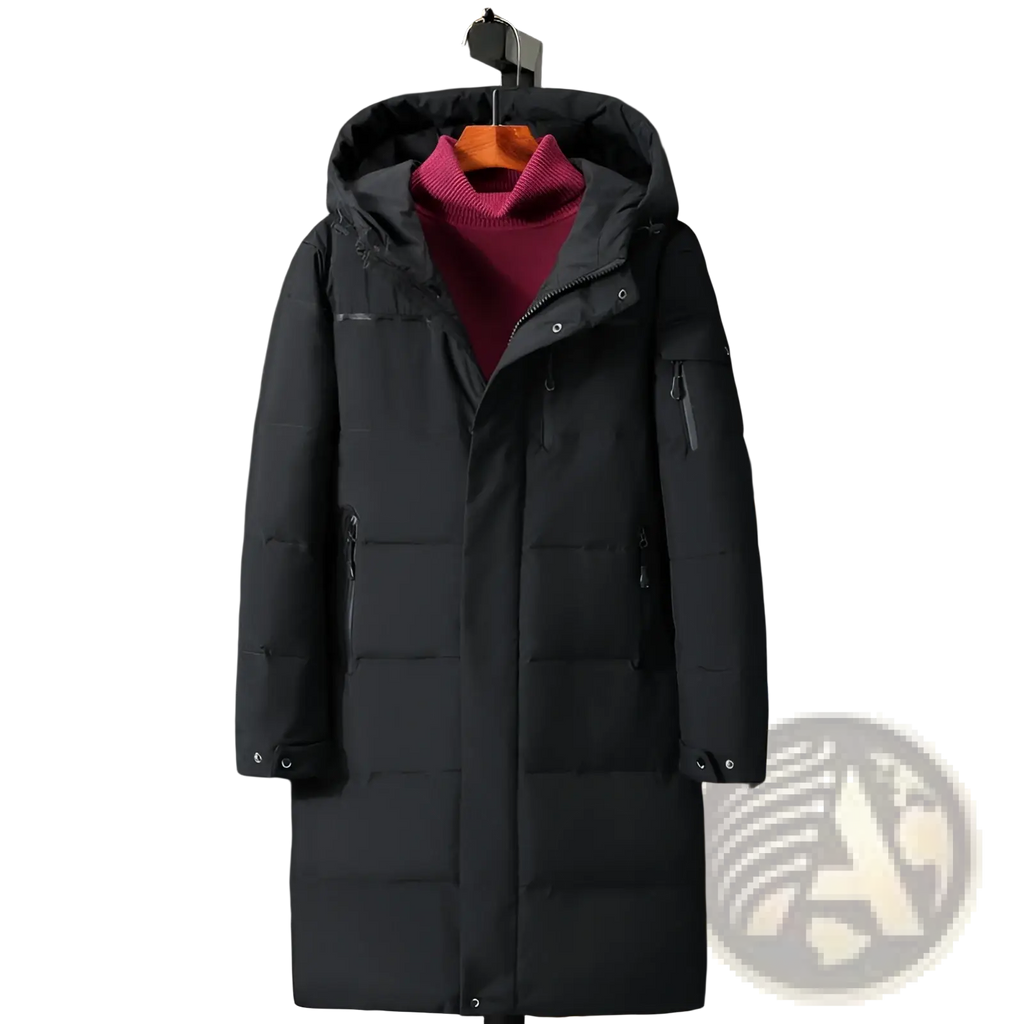 Men’s long black quilted hooded down winter jacket with multiple zippered pockets for cold weather use