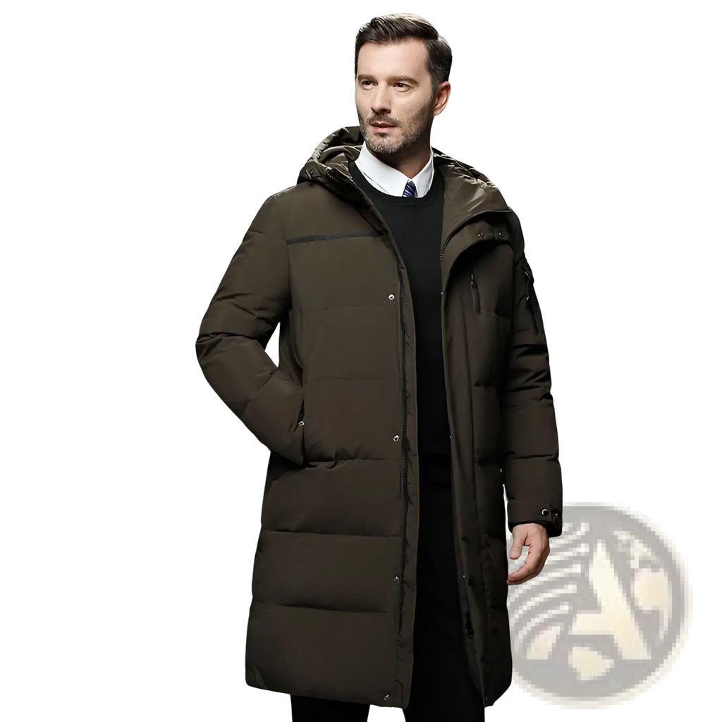 Men’s long olive green quilted hooded down winter jacket with sleek modern design and subtle black trim accents