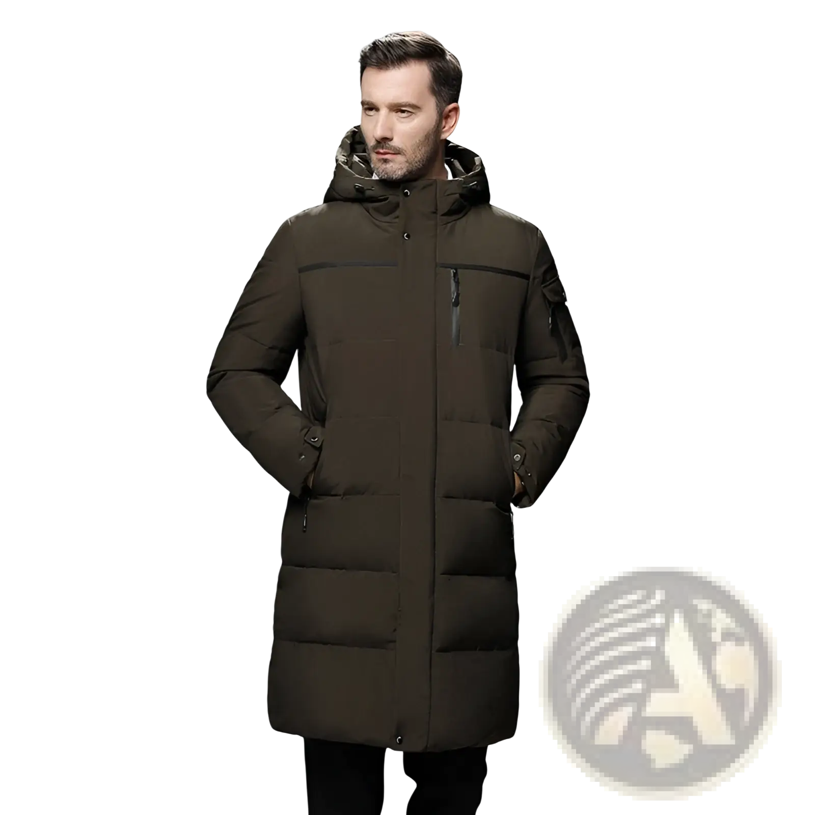 Men’s long quilted hooded down winter jacket in dark olive green with black zipper accents and a warm hood