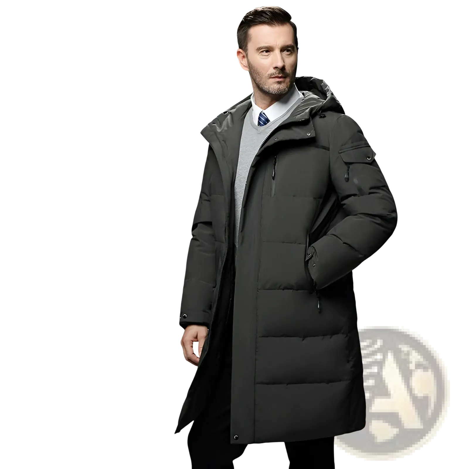 Men’s long black quilted down winter jacket with hood and front zipper designed for cold weather use
