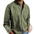 Men’s olive green long sleeve button down shirt with chest pocket and rolled cuffs for casual or formal wear