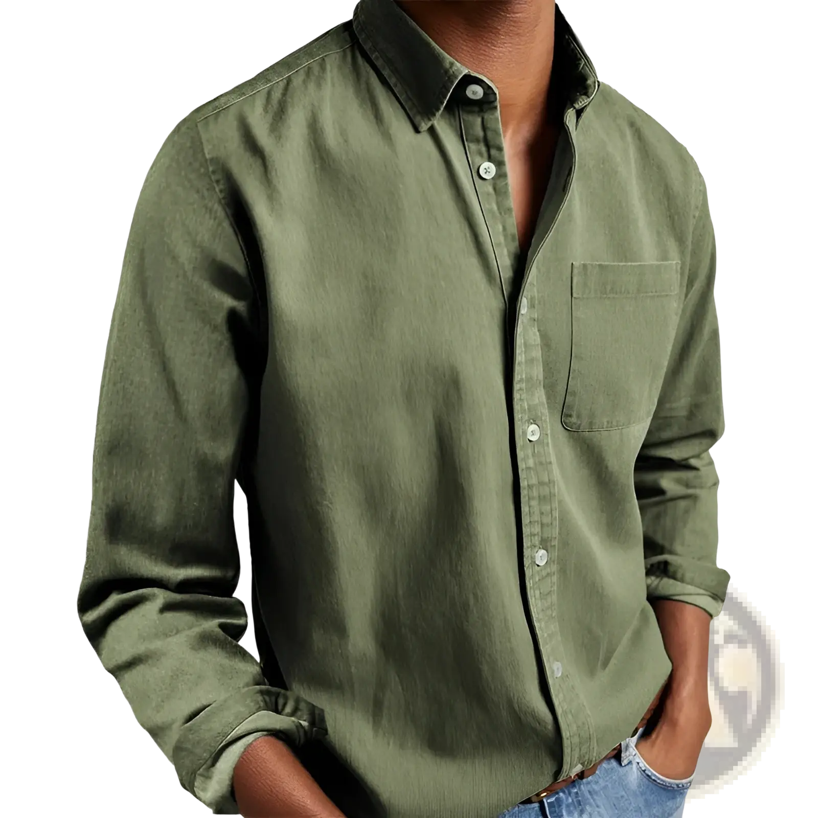 Men’s olive green long sleeve button down shirt with chest pocket and rolled cuffs for casual or formal wear