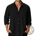 Men’s black long sleeve casual beach shirt made of lightweight fabric with rolled cuffs for a relaxed fit