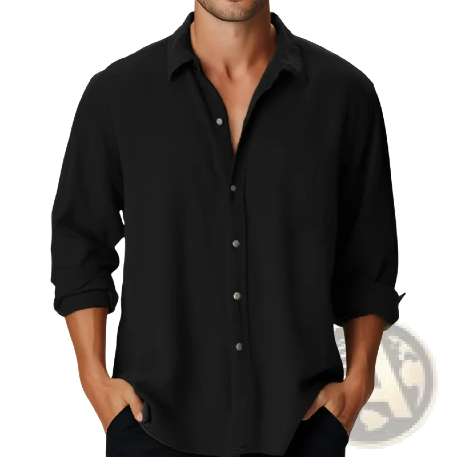 Men’s black long sleeve casual beach shirt made of lightweight fabric with rolled cuffs for a relaxed fit