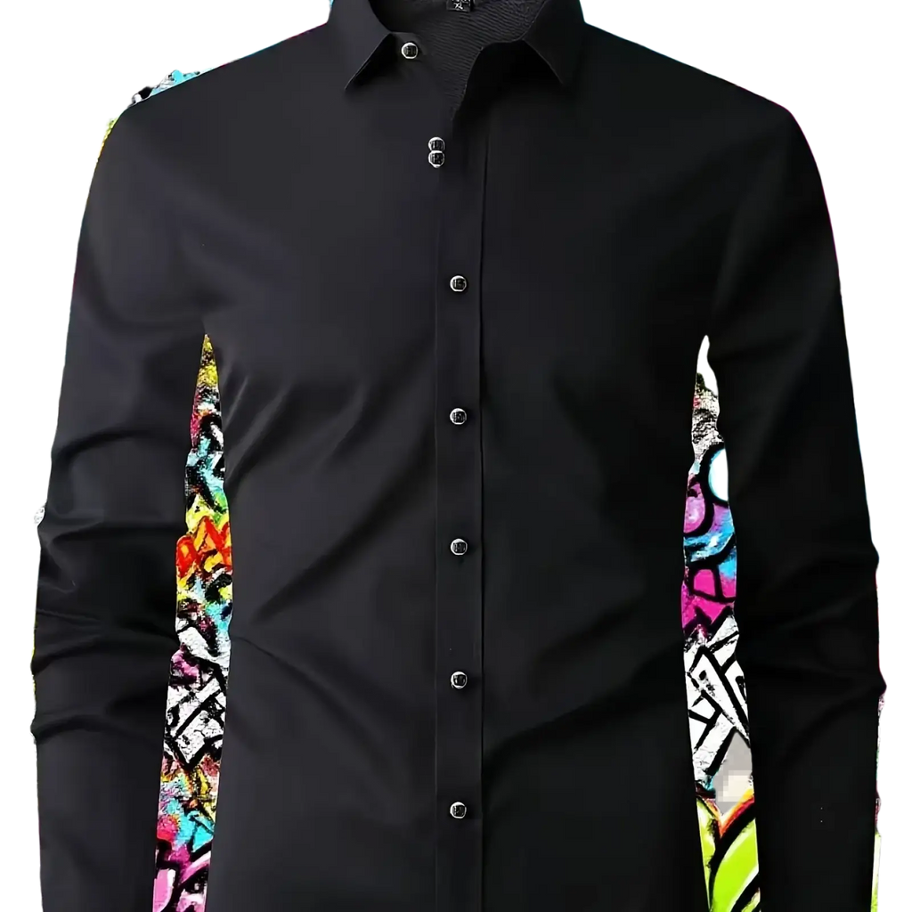 Mens long sleeve dress shirt casual stretch solid black with silver buttons and a crisp collar for formal wear