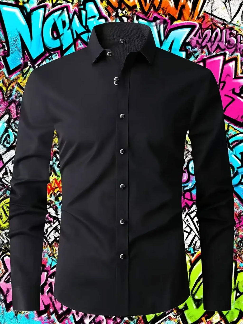 Mens long sleeve dress shirt casual stretch solid in black with classic collar and silver buttons for formal or casual wear