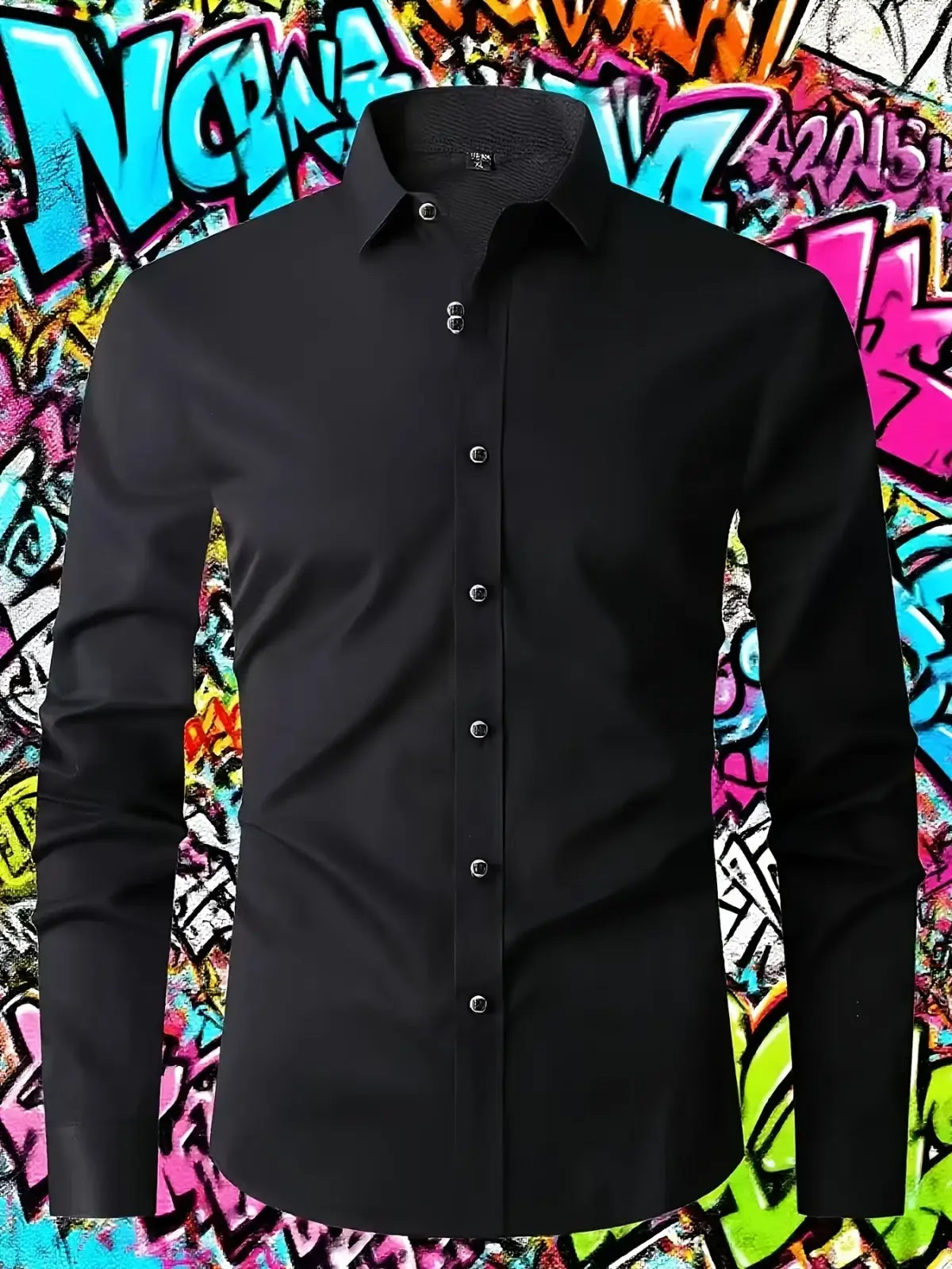 Mens long sleeve dress shirt casual stretch solid in black with classic collar and silver buttons for formal or casual wear