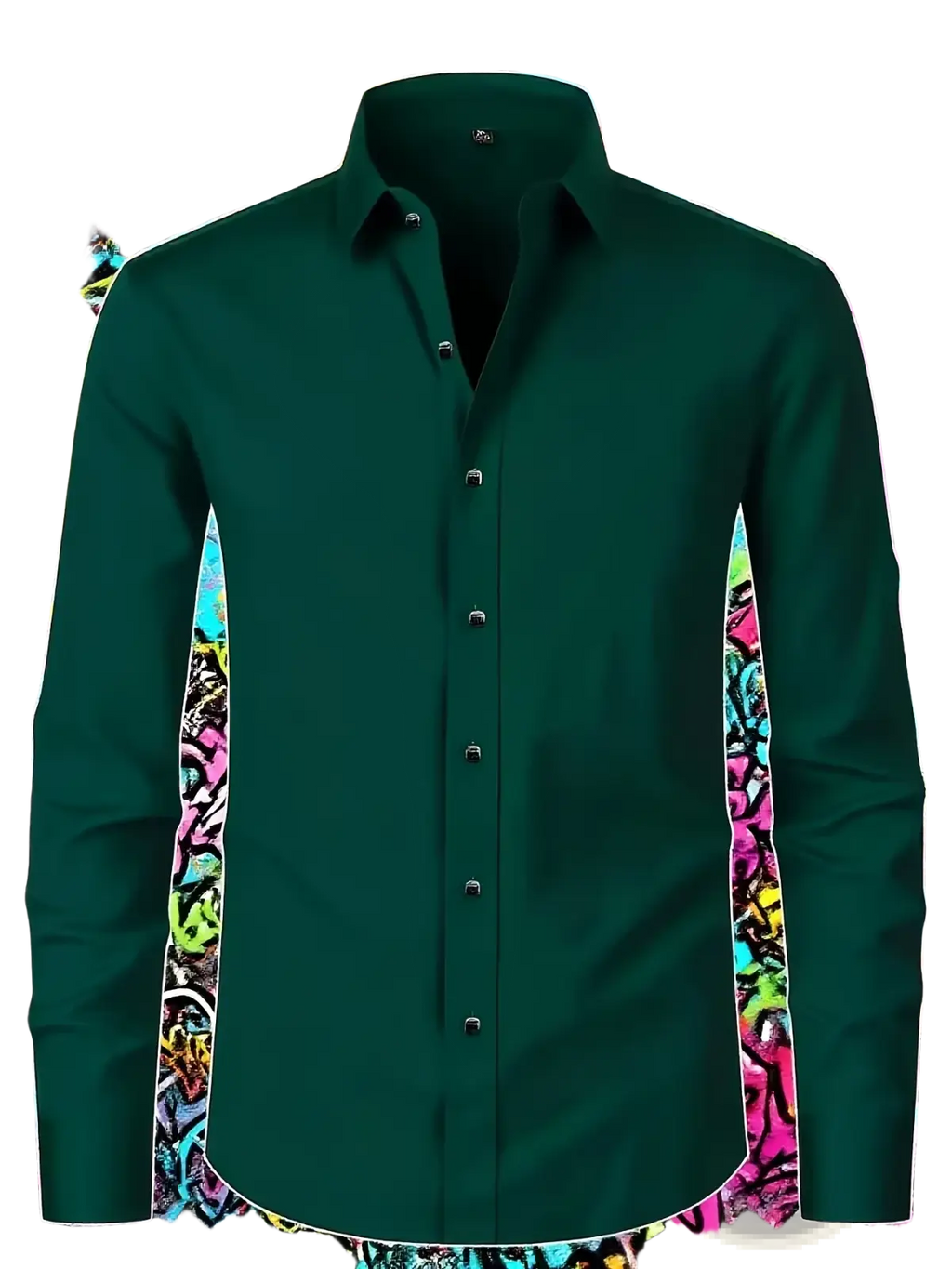 Mens long sleeve dress shirt casual stretch solid in dark green with classic collar and black buttons