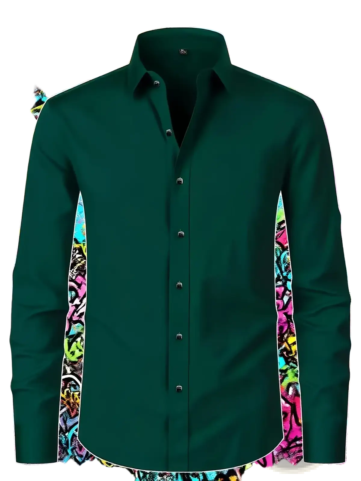 Mens long sleeve dress shirt casual stretch solid in dark green with classic collar and black buttons