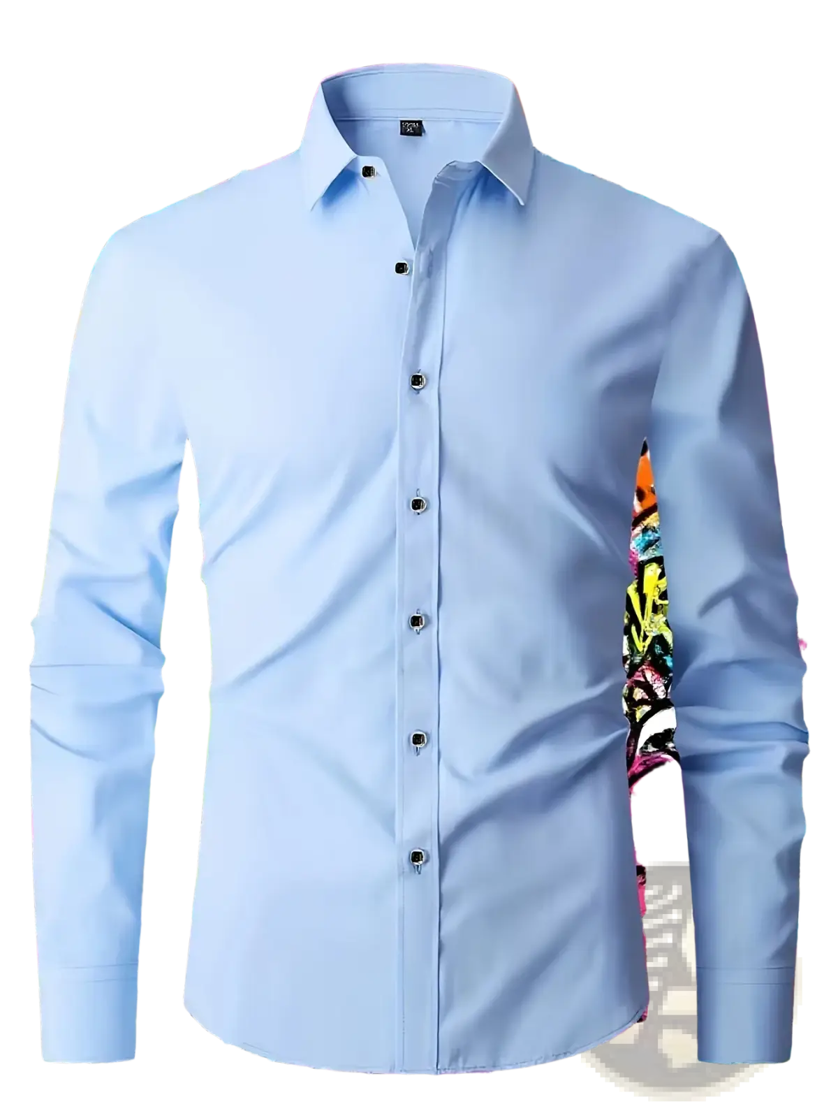 Light blue men’s long sleeve casual stretch dress shirt with classic collar and black buttons solid design