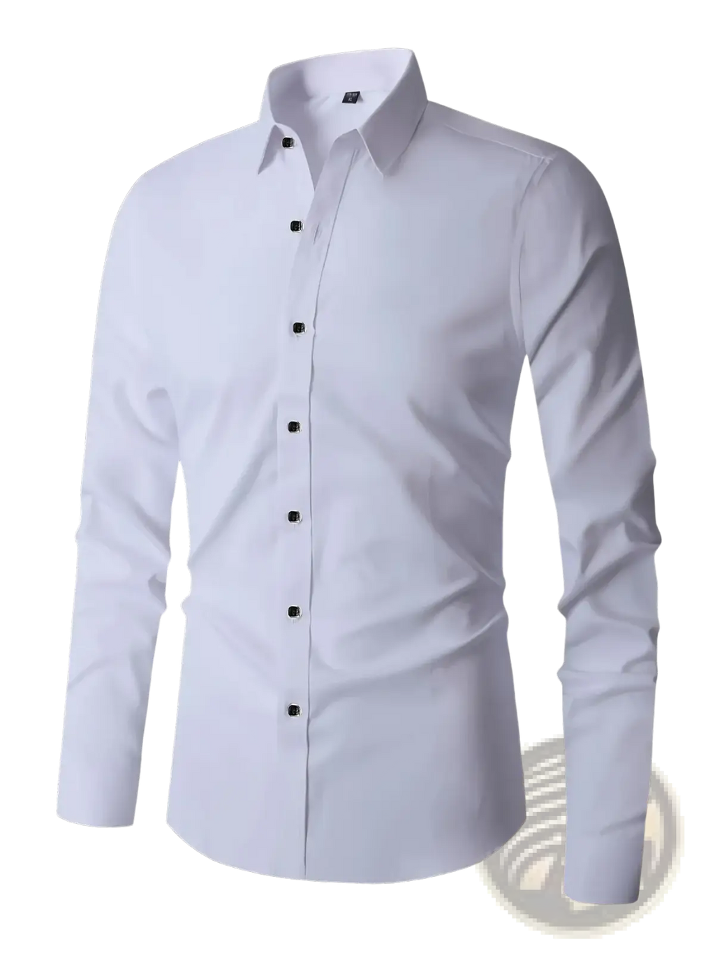 Mens white long sleeve dress shirt with black buttons classic collar casual stretch solid fabric for formal wear