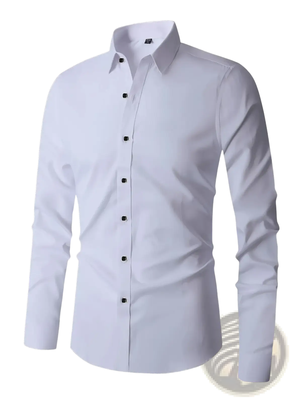 Mens white long sleeve dress shirt with black buttons classic collar casual stretch solid fabric for formal wear