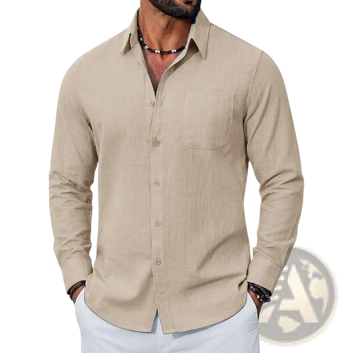 Beige long sleeve linen shirt with chest pocket and subtle texture breathable casual mens top