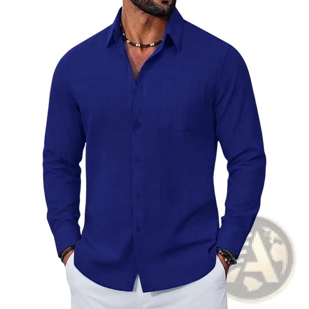 Mens long sleeve royal blue linen shirt with classic collar and chest pocket breathable casual top