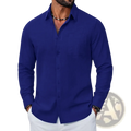 Mens long sleeve royal blue linen shirt with classic collar and chest pocket breathable casual top