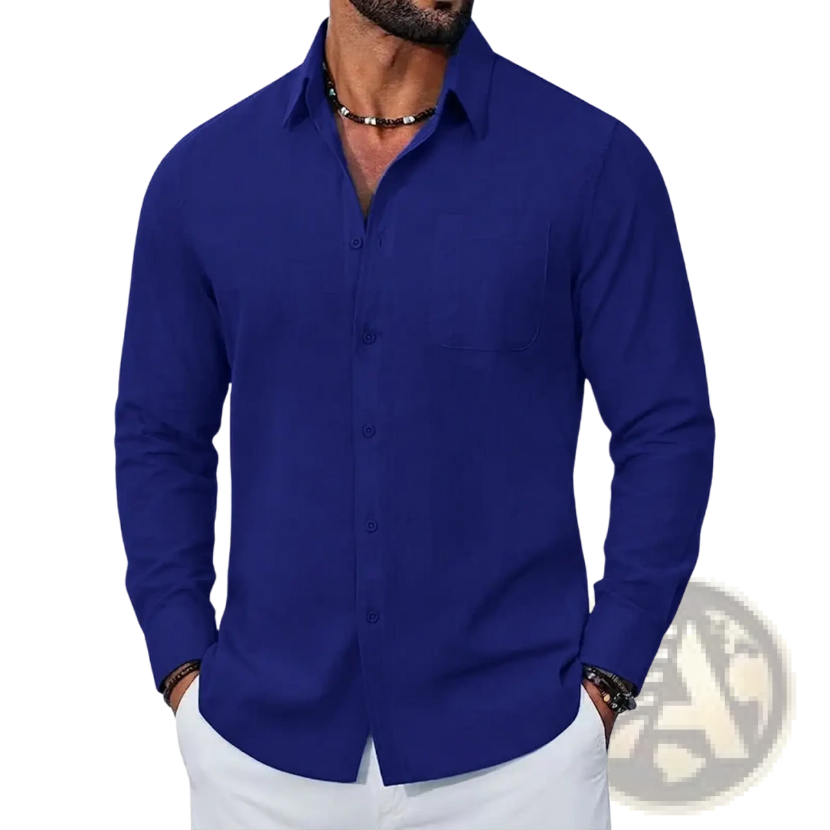Mens long sleeve royal blue linen shirt with classic collar and chest pocket breathable casual top