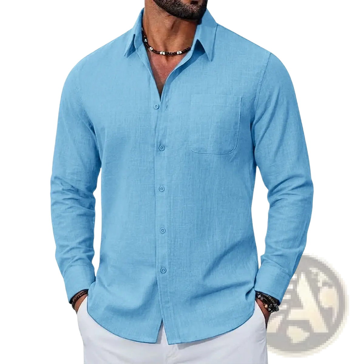 Light blue mens long sleeve linen shirt with subtle textured weave and single chest pocket breathable casual top