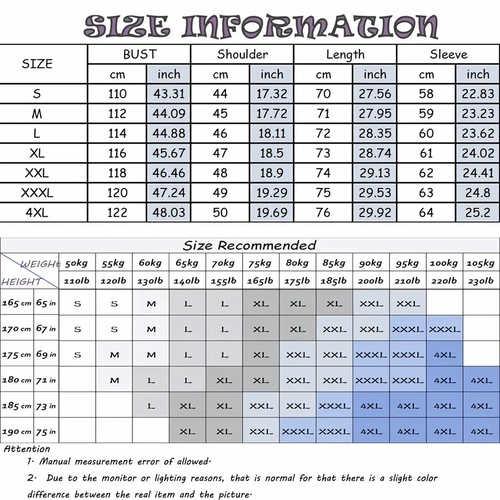 Size information chart for mens long sleeve linen shirt showing measurements in cm and inch with size recommendations