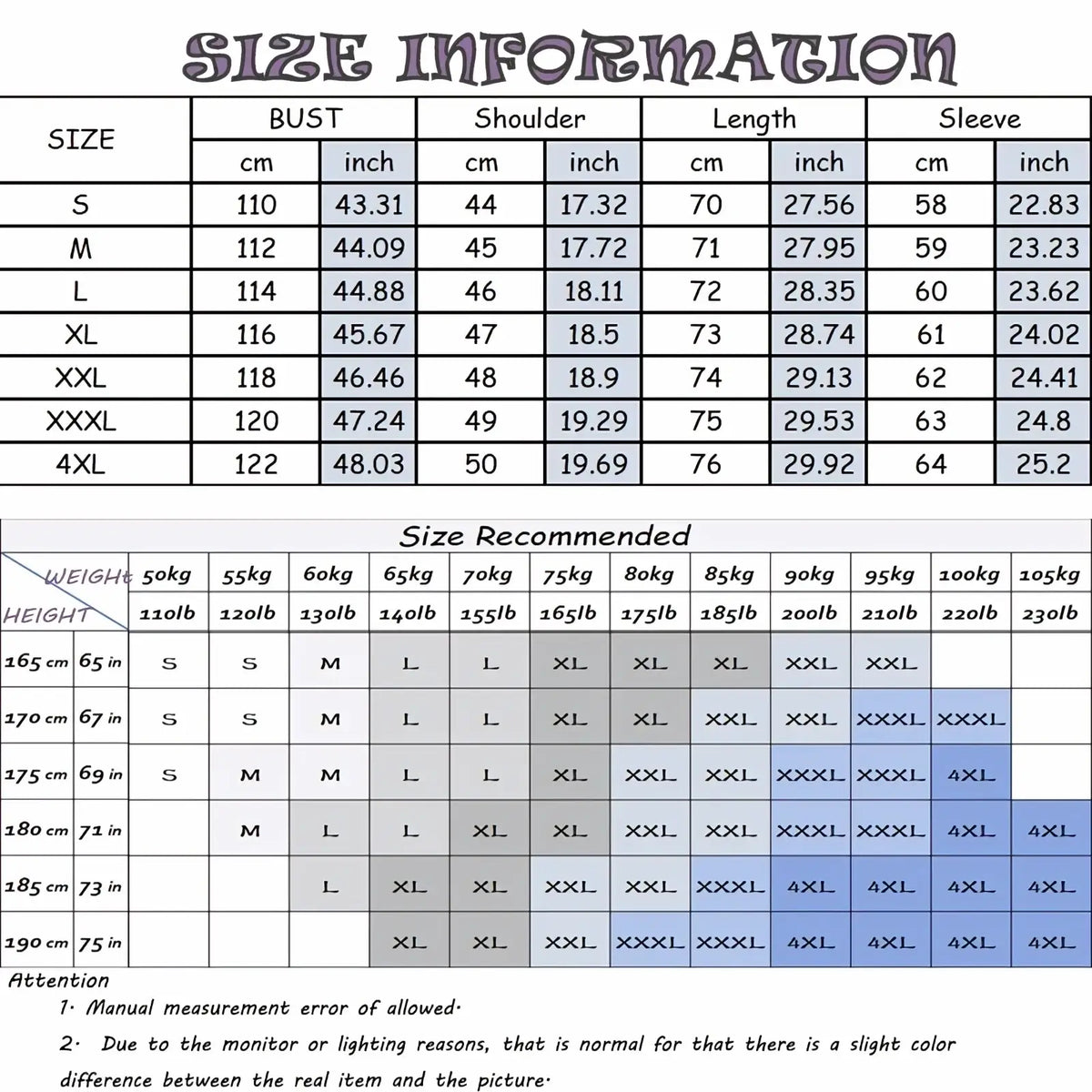 Size information chart for mens long sleeve linen shirt showing measurements in cm and inch with size recommendations