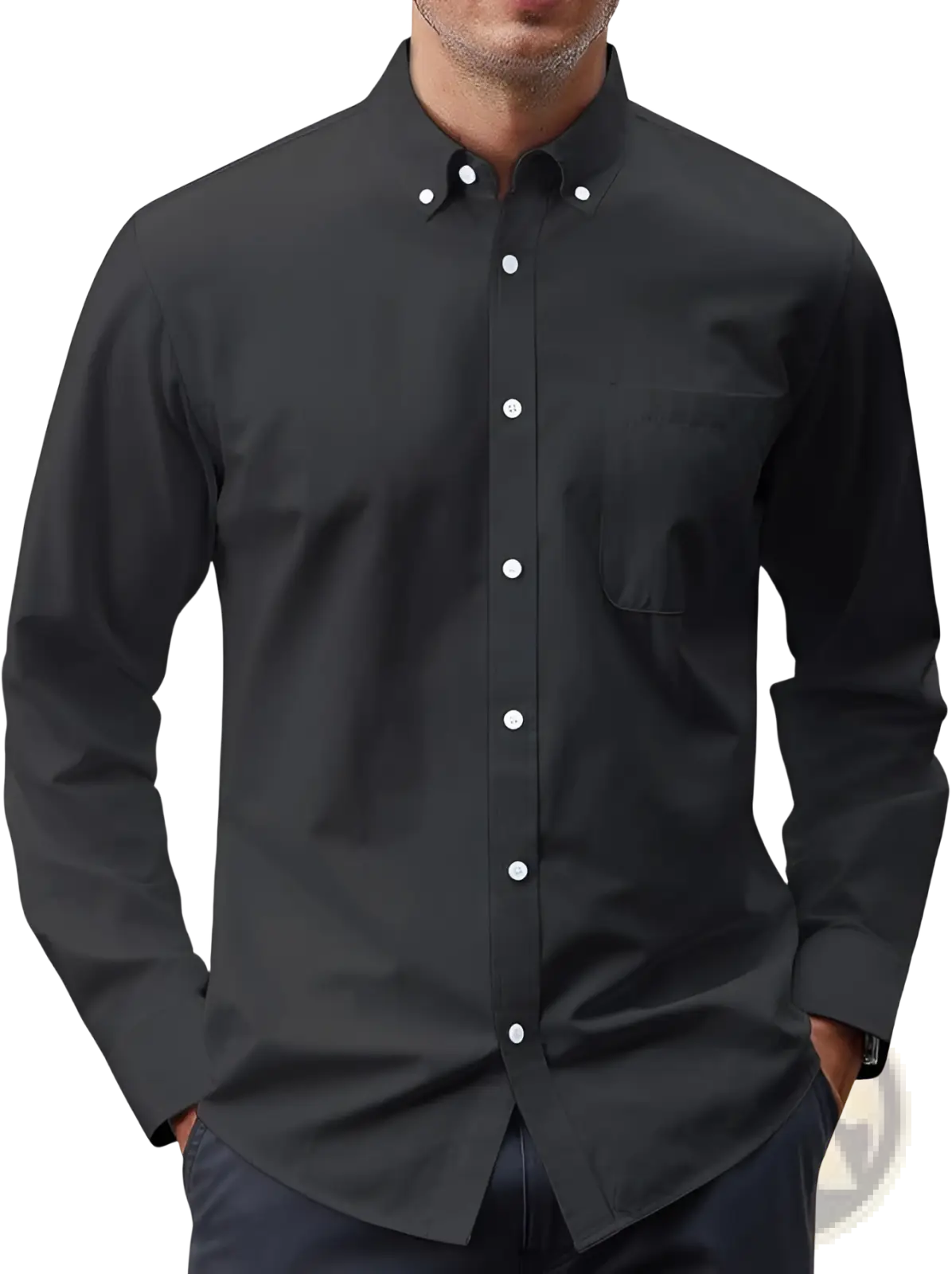 Men’s long sleeve oxford button down shirt in black with white buttons and a chest pocket