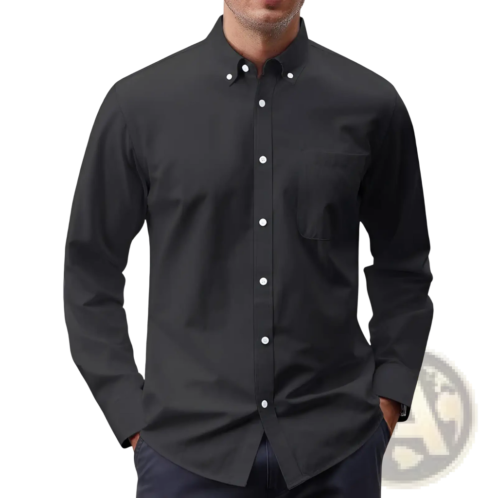 Men’s long sleeve oxford button down shirt in black with white buttons and chest pocket
