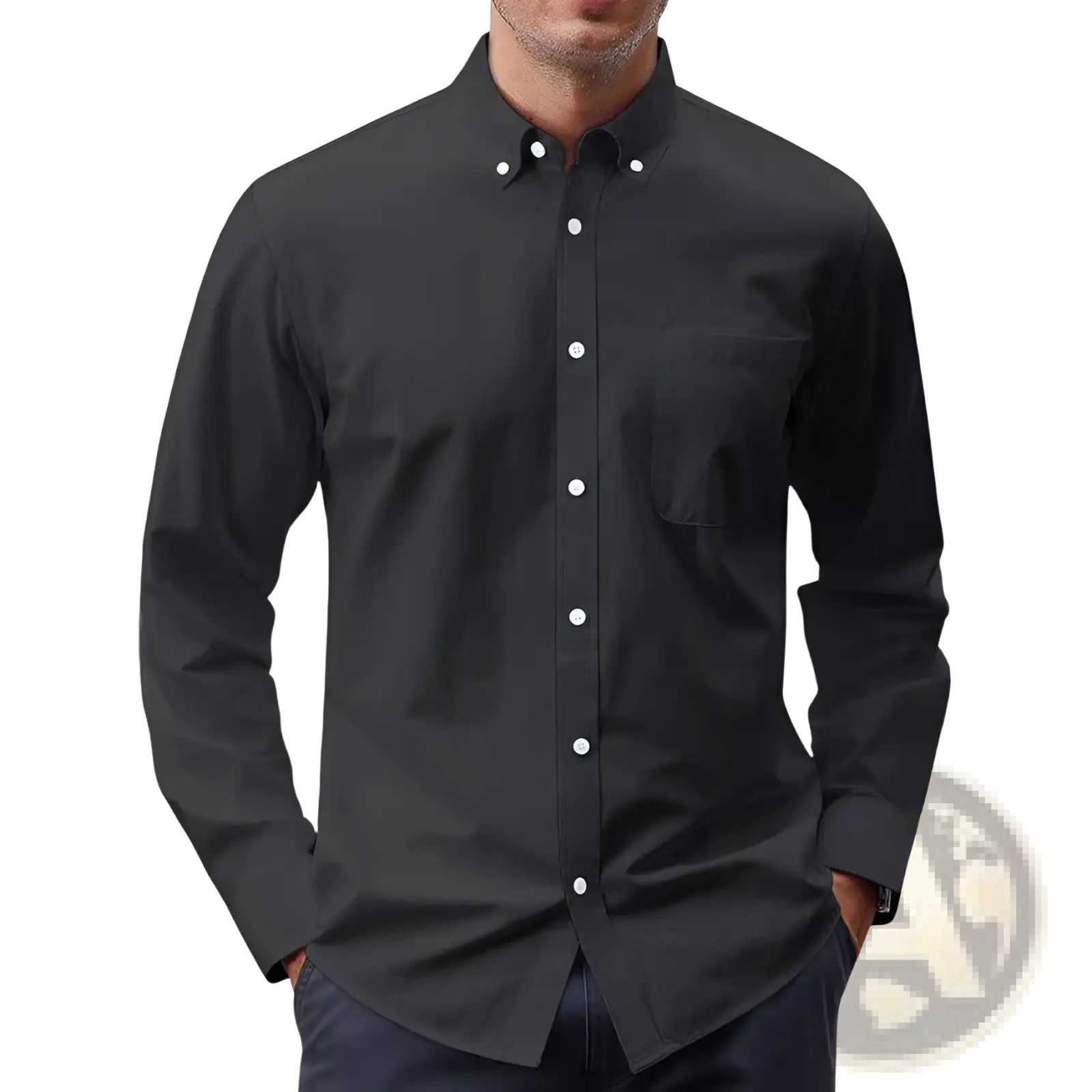 Men’s long sleeve oxford button down shirt in black with white buttons and chest pocket