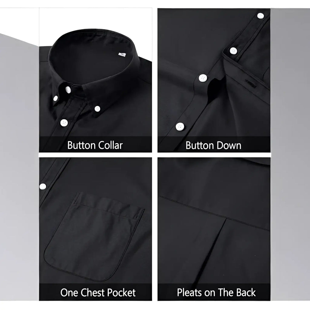Men’s long sleeve black oxford button down shirt with white buttons, chest pocket, and back pleats shown from back