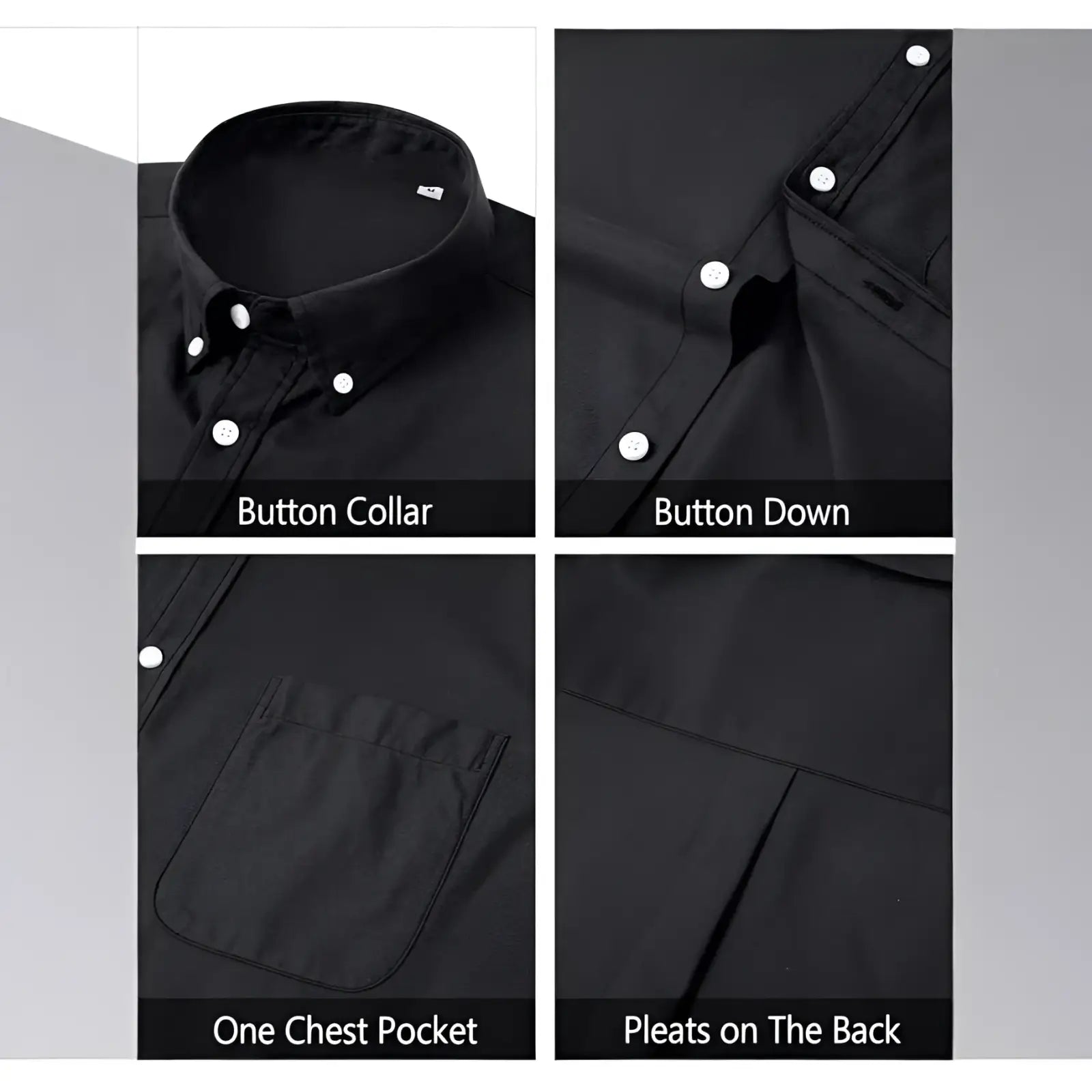 Men’s long sleeve black oxford button down shirt with white buttons, chest pocket, and back pleats shown from back
