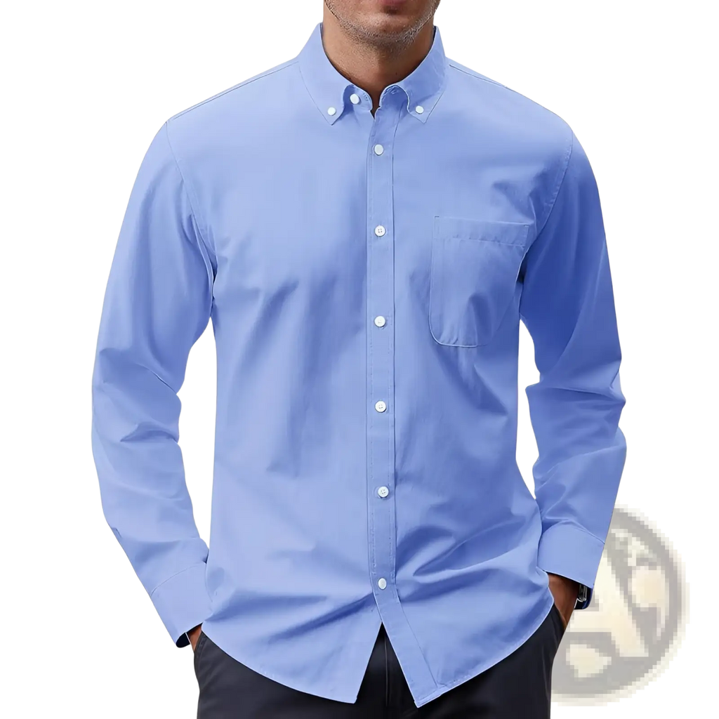 Men’s long sleeve oxford button down shirt in light blue with chest pocket and white buttons