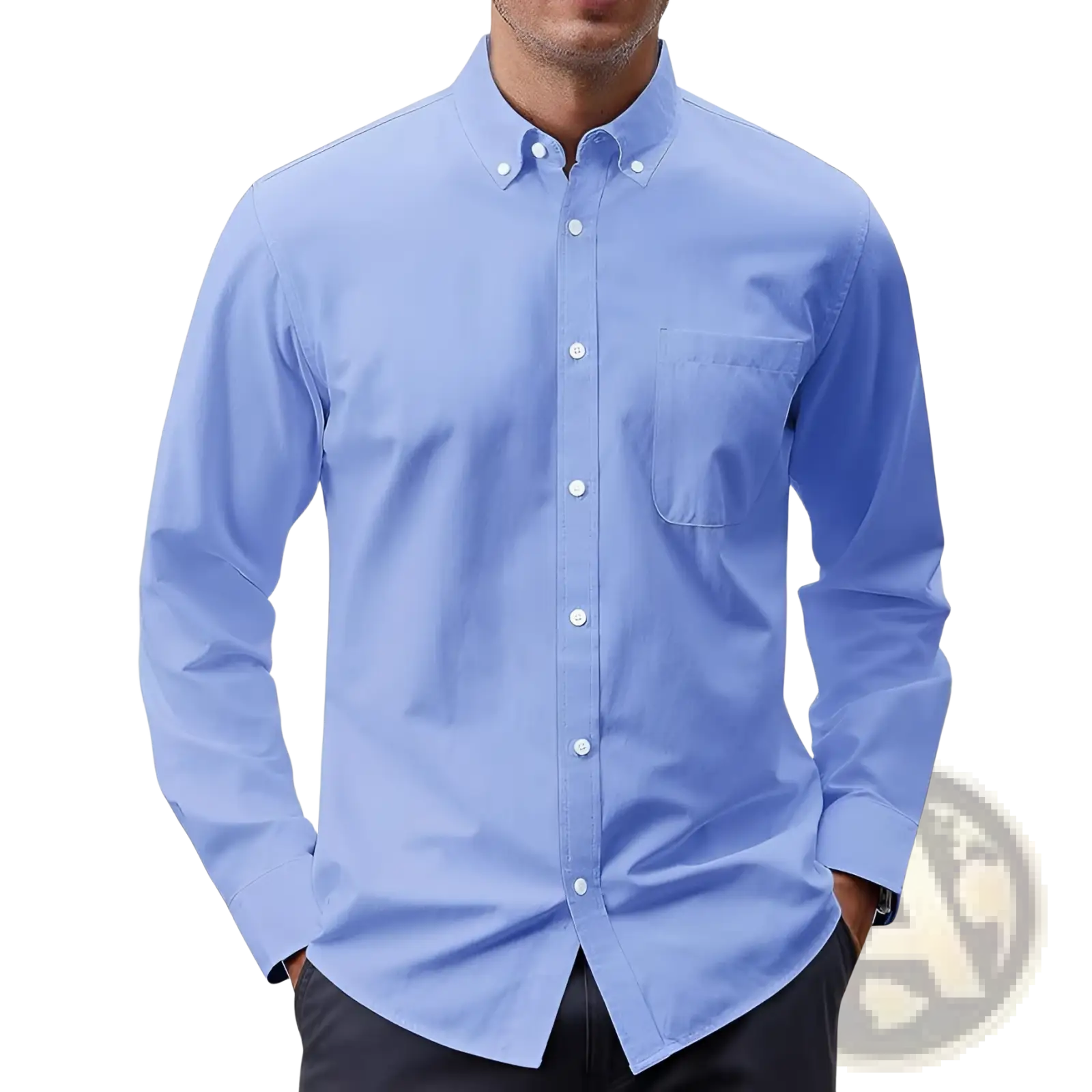 Men’s long sleeve oxford button down shirt in light blue with chest pocket and white buttons