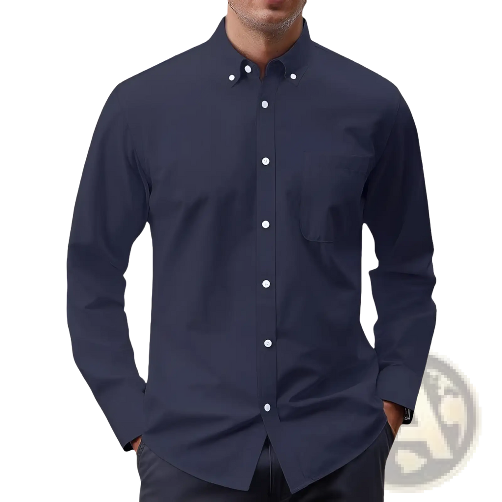 Men’s navy blue long sleeve oxford button down shirt with white buttons and a chest pocket made of cotton