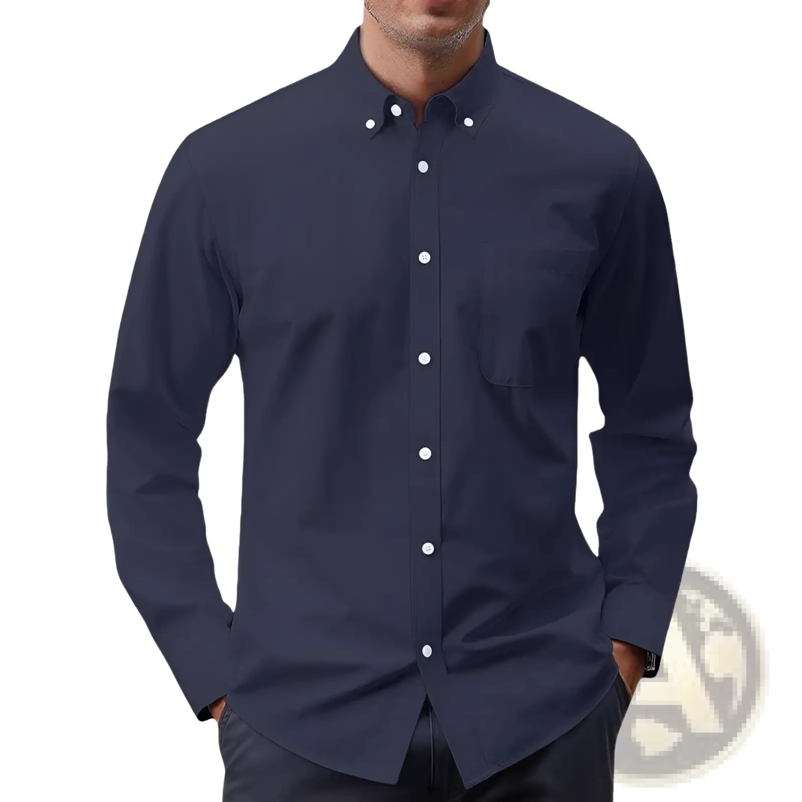Men’s navy blue long sleeve oxford button down shirt with white buttons and a chest pocket made of cotton