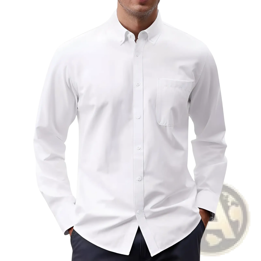 Men’s white long sleeve oxford button down shirt with classic collar and chest pocket made of cotton blend